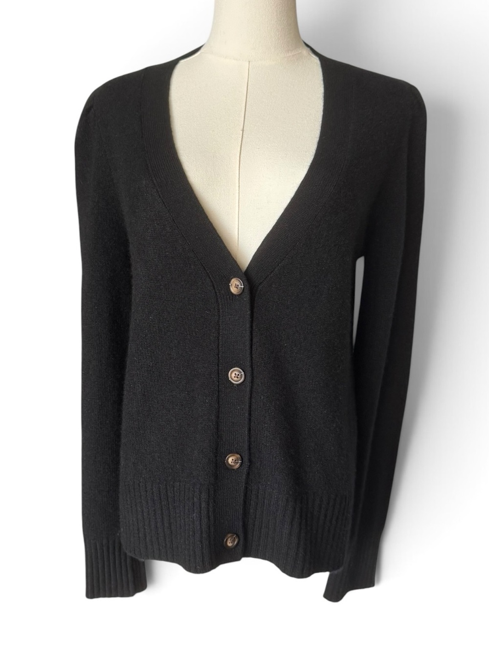 Qi Cashmere Black Puff Shoulder V Neck Cardigan Size Medium